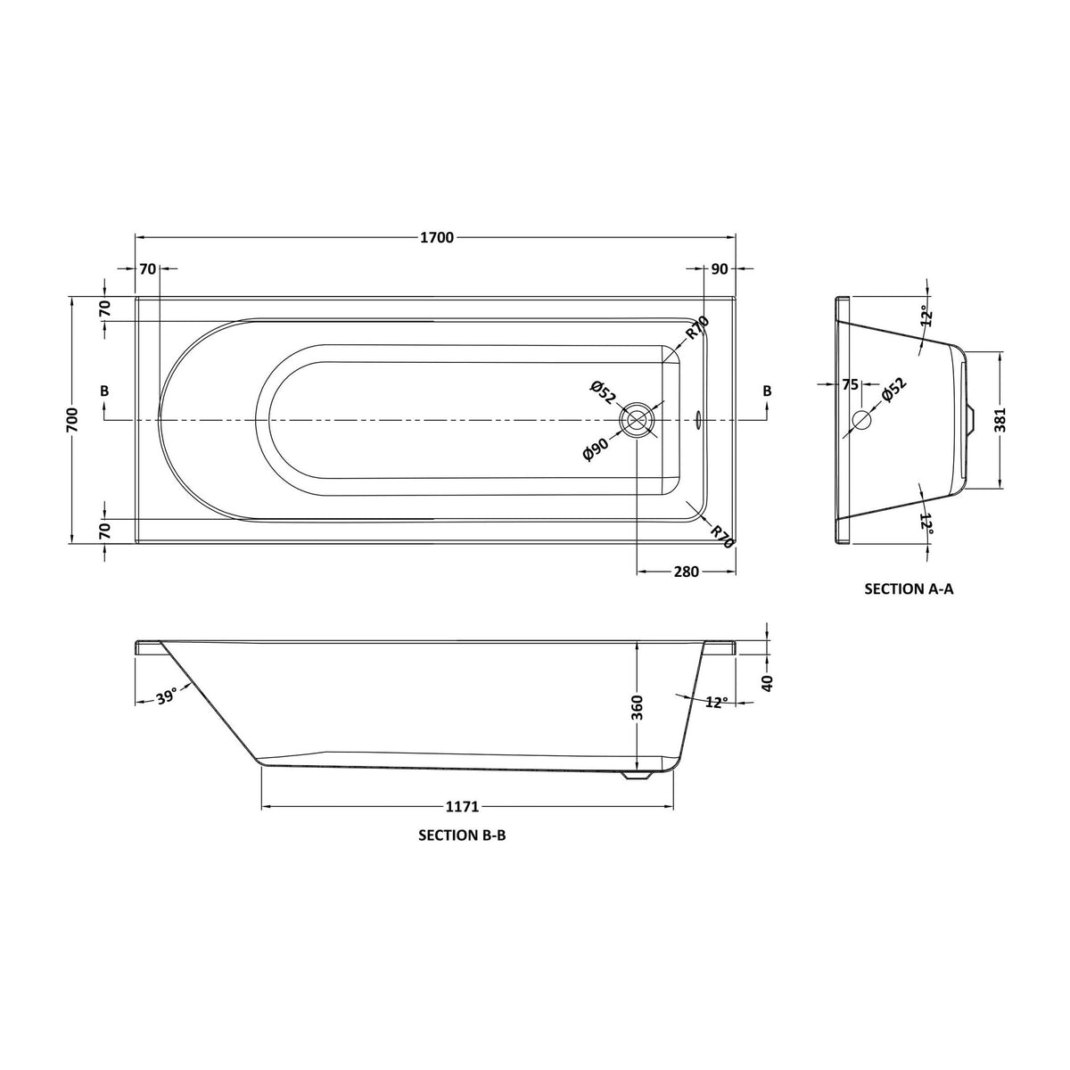 Nuie Barmby Eternalite Round Single Ended Bath With Legs – 1700 x 700mm, 1700 x 750mm & 1800 x 800mm, photo 3