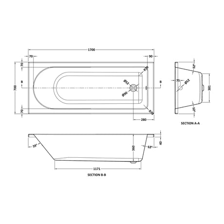 Nuie Barmby Eternalite Round Single Ended Bath With Legs – 1700 x 700mm, 1700 x 750mm & 1800 x 800mm, photo 3