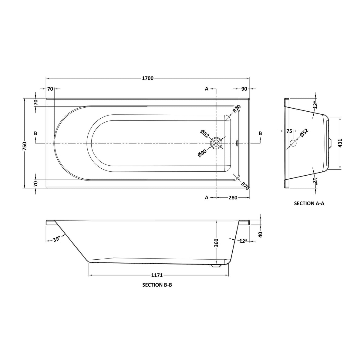 Nuie Barmby Eternalite Round Single Ended Bath With Legs – 1700 x 700mm, 1700 x 750mm & 1800 x 800mm, photo 4