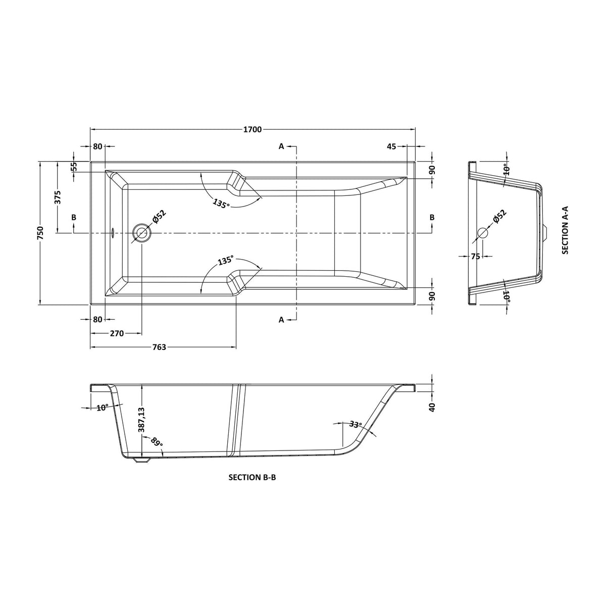 Nuie 1700 x 750mm Eternalite Square Single Ended Shower Bath With Legs – White, photo 3