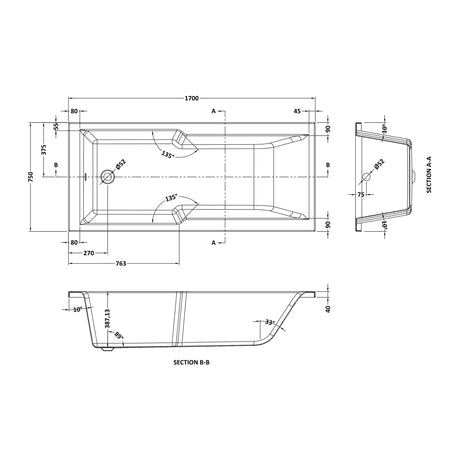 Nuie 1700 x 750mm Eternalite Square Single Ended Shower Bath With Legs – White, photo 3