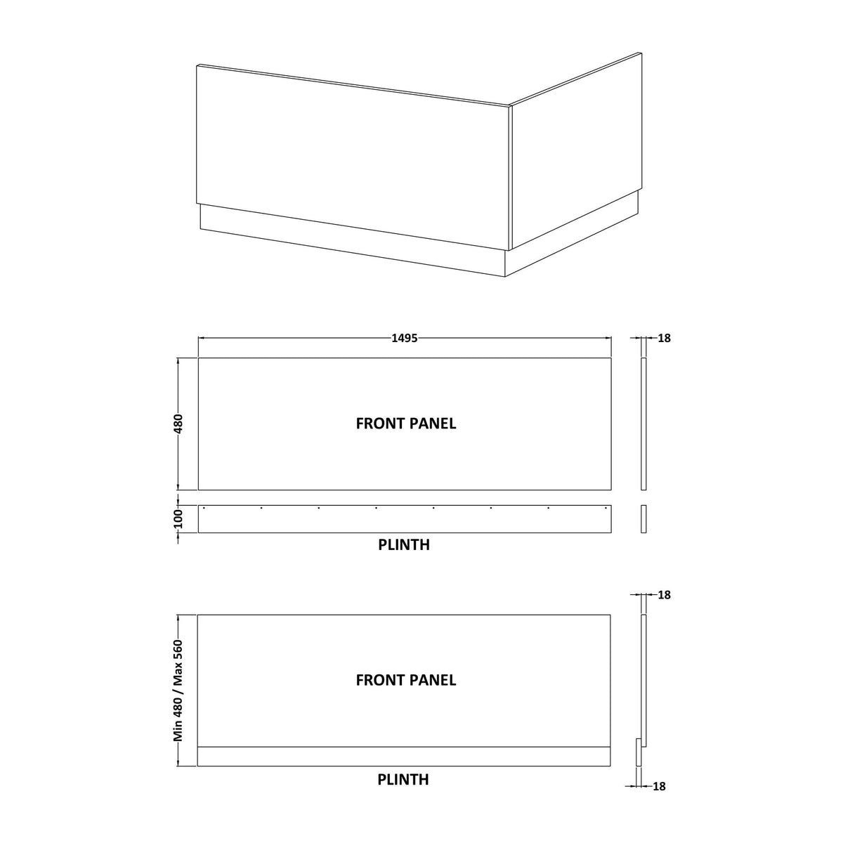 Nuie MDF Gloss Straight Front Bath Panel With Plinth – 1500mm, 1600mm & 1700mm, photo 3