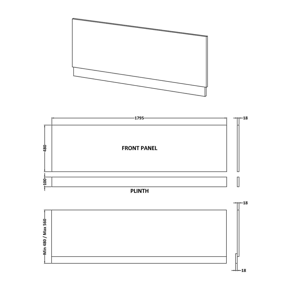 Nuie MDF Matt Straight Front Bath Panel With Plinth – 1700mm & 1800mm, photo 3