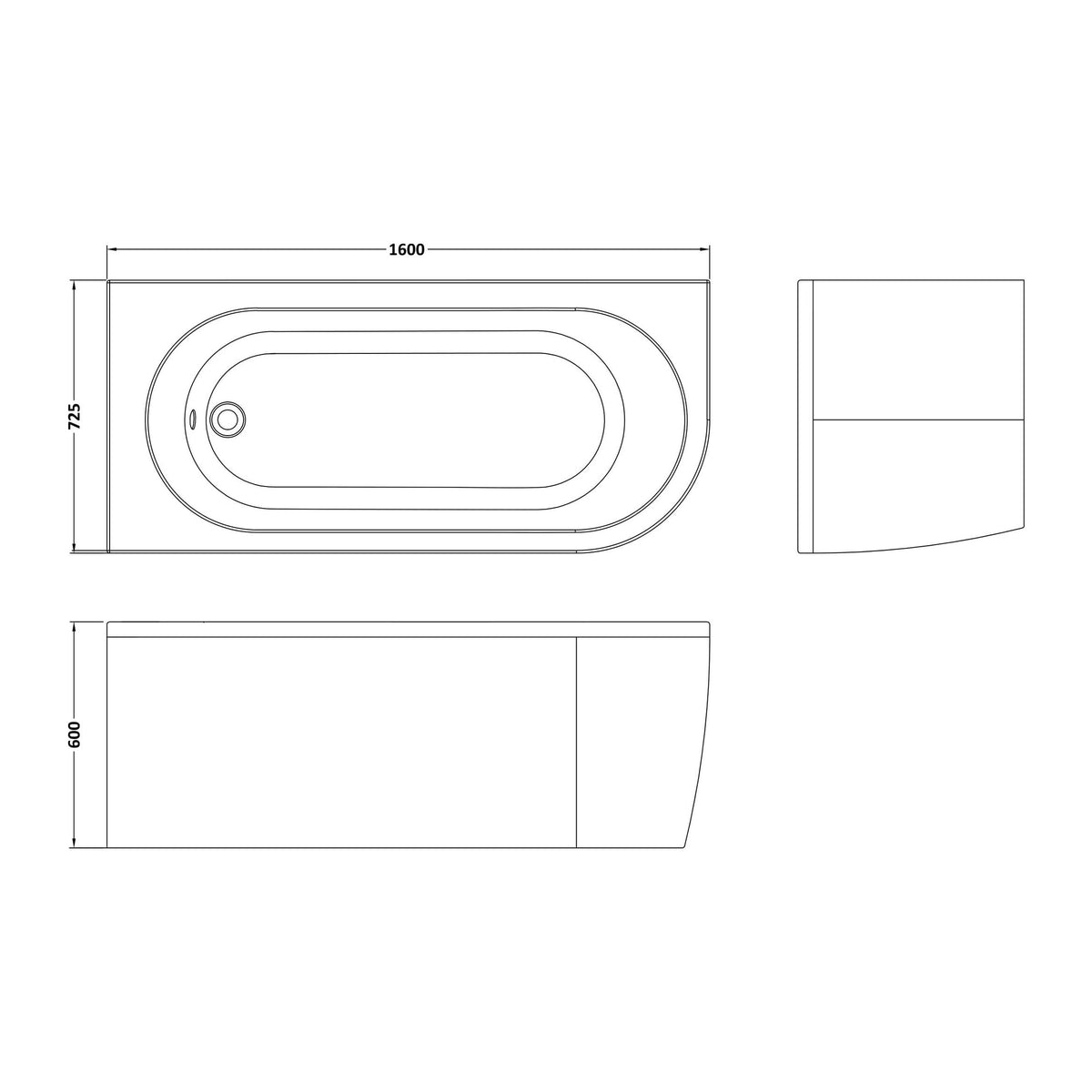 Nuie Crescent Curved Corner Bath With Legs And Panel – 1600mm & 1700mm, photo 4