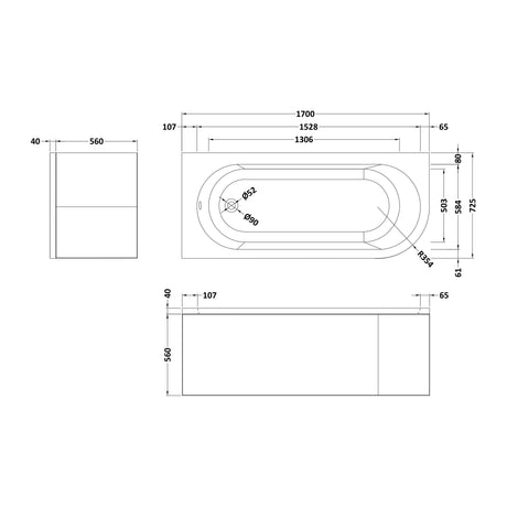 Nuie Crescent 1700mm Curved Corner Bath With Legs And Panel – White, photo 3