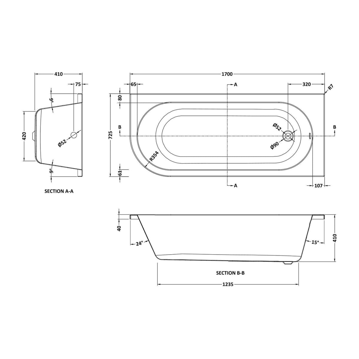 Nuie Crescent Curved Corner Bath With Legs And Panel – 1600mm & 1700mm, photo 5