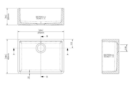 Nuie Fireclay Single Bowl Butler Sink With Offset Waste – 595 x 450mm & 795 x 500mm, photo 4