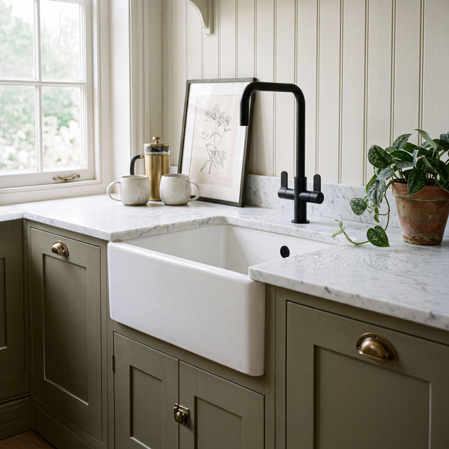 Nuie Fireclay Single Bowl Butler Sink With Offset Waste And Overflow – 595 x 450mm & 795 x 500mm