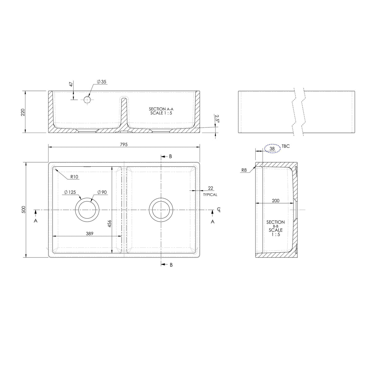 Nuie 795 x 500mm Fireclay Double Bowl Butler Sink With Stepped Weir And Overflow – White, photo 3