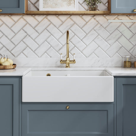 Nuie 795 x 500mm Fireclay Double Bowl Butler Sink With Stepped Weir And Overflow – White