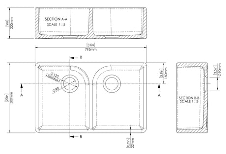 Nuie 795 x 500mm Fireclay Double Bowl Butler Sink With Offset Waste And Full Weir – White, photo 3