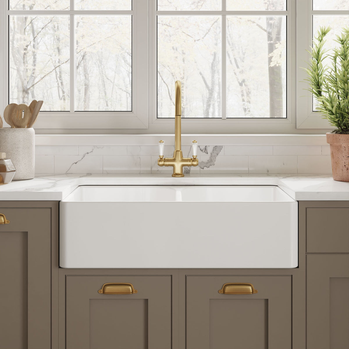 Nuie 795 x 500mm Fireclay Double Bowl Butler Sink With Offset Waste And Full Weir – White
