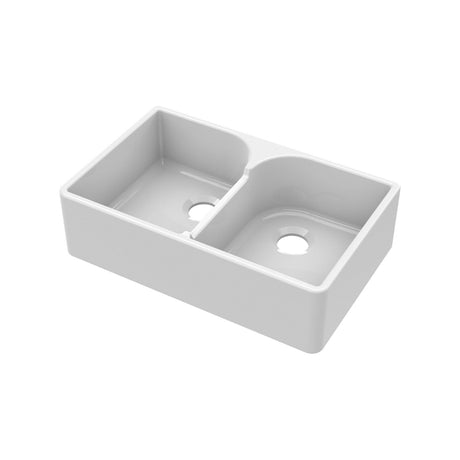 Nuie 795 x 500mm Fireclay Double Bowl Butler Sink With Offset Waste And Stepped Weir – White, photo 2