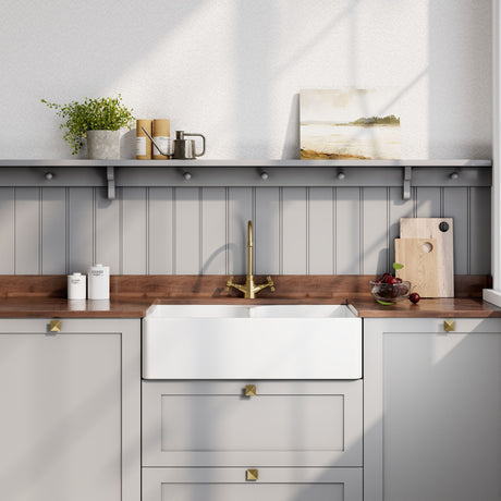 Nuie 795 x 500mm Fireclay Double Bowl Butler Sink With Offset Waste And Stepped Weir – White
