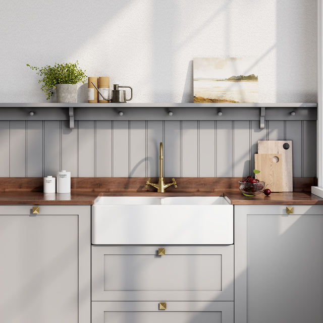 Nuie 795 x 500mm Fireclay Double Bowl Butler Sink With Offset Waste And Stepped Weir – White
