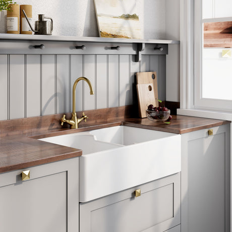 Nuie 795 x 500mm Fireclay Double Bowl Butler Sink With Offset Waste And Stepped Weir – White, photo 4