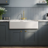 Nuie 895 x 550mm Fireclay Double Bowl Butler Sink With Stepped Weir And Tap Ledge – White