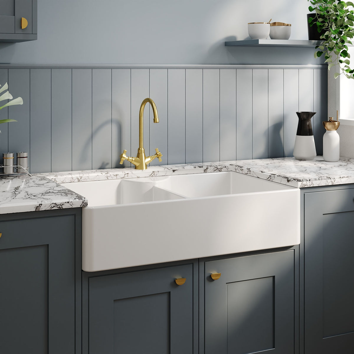 Nuie 895 x 550mm Fireclay Double Bowl Butler Sink With Stepped Weir And Tap Ledge – White, photo 4