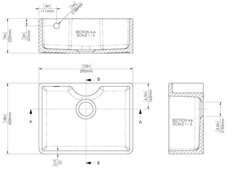 Nuie Fireclay Single Bowl Butler Sink With Tap Ledge And Overflow – 595 x 450mm & 795 x 500mm, photo 3
