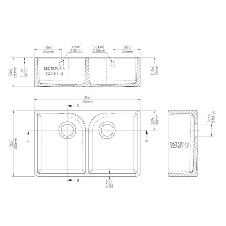 Nuie 795 x 500mm Fireclay Double Bowl Butler Sink With Full Weir And Overflow – White, photo 3