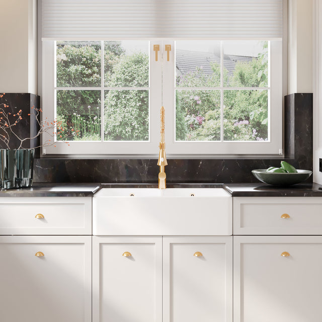 Nuie 795 x 500mm Fireclay Double Bowl Butler Sink With Full Weir And Overflow – White