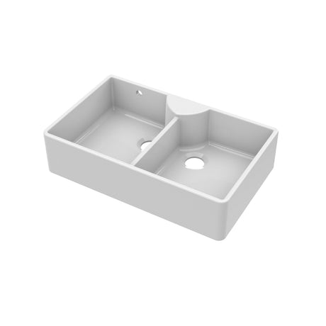 Nuie 895 x 550mm Fireclay Double Bowl Butler Sink With Stepped Weir And Tap Ledge – White, photo 2