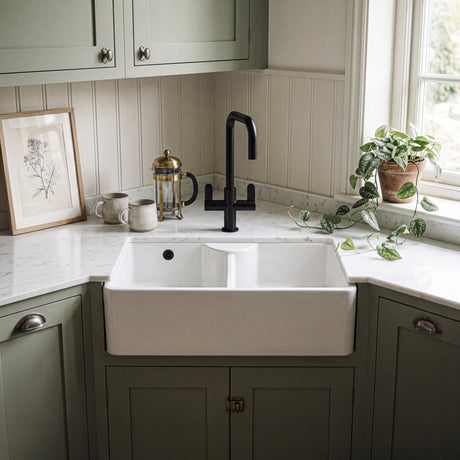 Nuie 895 x 550mm Fireclay Double Bowl Butler Sink With Stepped Weir And Tap Ledge – White