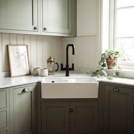 Nuie 895 x 550mm Fireclay Double Bowl Butler Sink With Stepped Weir And Tap Ledge – White, photo 4