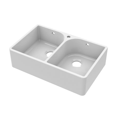 Nuie 795 x 500mm Fireclay 1 Tap Hole Double Bowl Butler Sink With Full Weir And Overflow – White, photo 2
