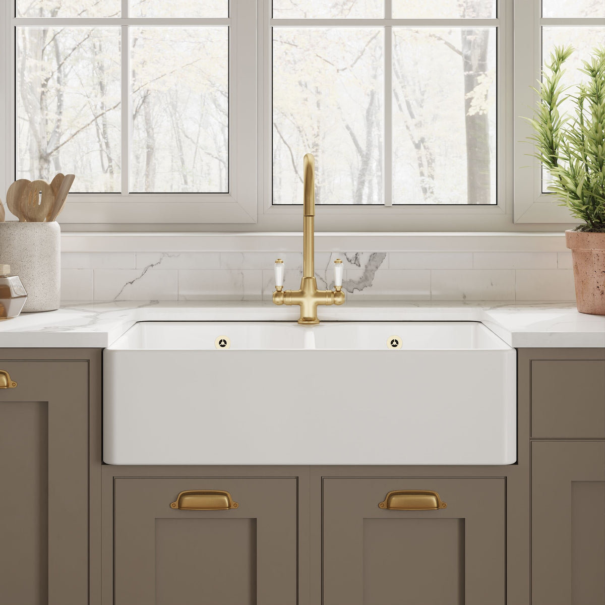 Nuie 795 x 500mm Fireclay 1 Tap Hole Double Bowl Butler Sink With Full Weir And Overflow – White