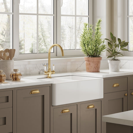 Nuie 795 x 500mm Fireclay 1 Tap Hole Double Bowl Butler Sink With Full Weir And Overflow – White, photo 4