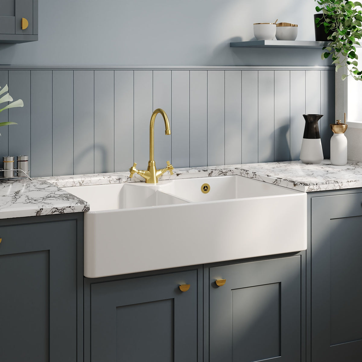 Nuie 895 x 550mm Fireclay 1 Tap Hole Double Bowl Butler Sink With Stepped Weir And Overflow – White, photo 4