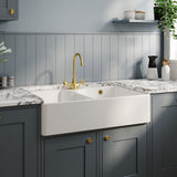 Nuie 895 x 550mm Fireclay 1 Tap Hole Double Bowl Butler Sink With Stepped Weir And Overflow – White, photo 4