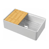 Nuie 795 x 460mm Fireclay Single Bowl Butler Sink With Ledge, Wire Grid And Bamboo Chopping Board – White