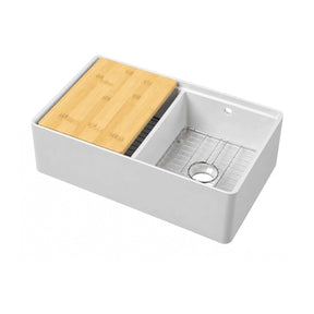 Nuie 795 x 460mm Fireclay Double Bowl Butler Sink With Ledge, Wire Grid And Bamboo Chopping Board – White