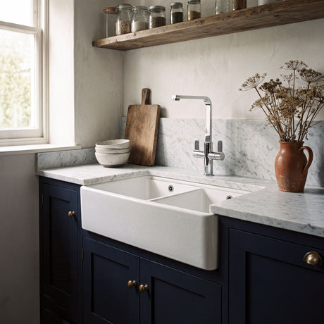 Nuie 795 x 460mm Fireclay Double Bowl Butler Sink With Ledge – White