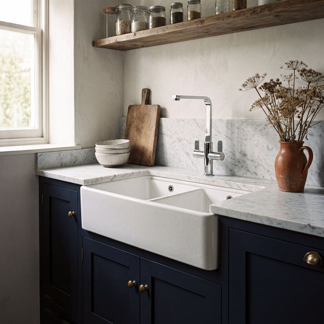 Nuie 795 x 460mm Fireclay Double Bowl Butler Sink With Ledge – White