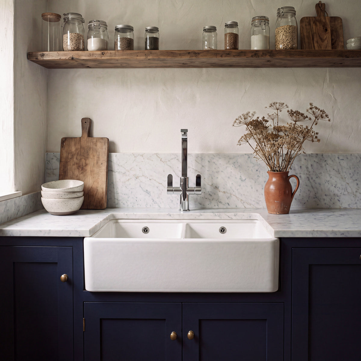 Nuie 795 x 460mm Fireclay Double Bowl Butler Sink With Ledge – White, photo 4