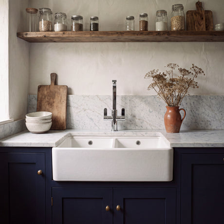 Nuie 795 x 460mm Fireclay Double Bowl Butler Sink With Ledge – White, photo 4