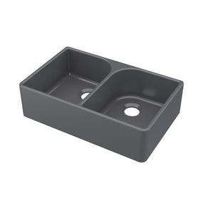 Nuie 795 x 500mm Fireclay Double Bowl Butler Sink With Full Weir and Offset Waste – Soft Black, photo 2