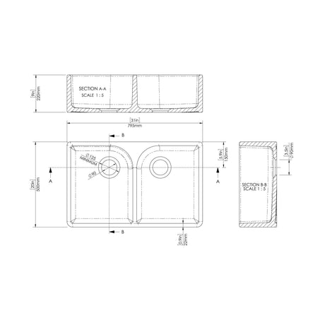 Nuie 795 x 500mm Fireclay Double Bowl Butler Sink With Full Weir and Offset Waste – Soft Black, photo 3