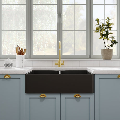 Nuie 795 x 500mm Fireclay Double Bowl Butler Sink With Full Weir and Offset Waste – Soft Black