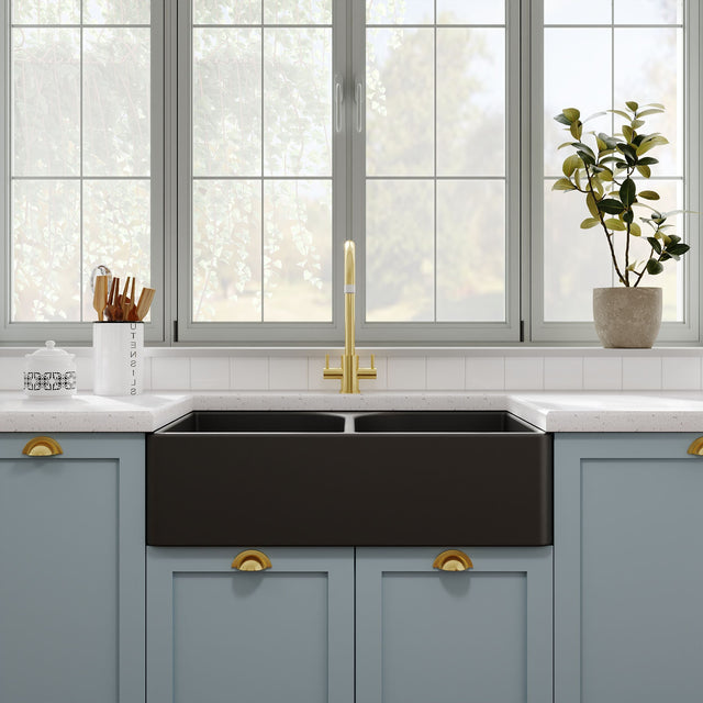 Nuie 795 x 500mm Fireclay Double Bowl Butler Sink With Full Weir and Offset Waste – Soft Black