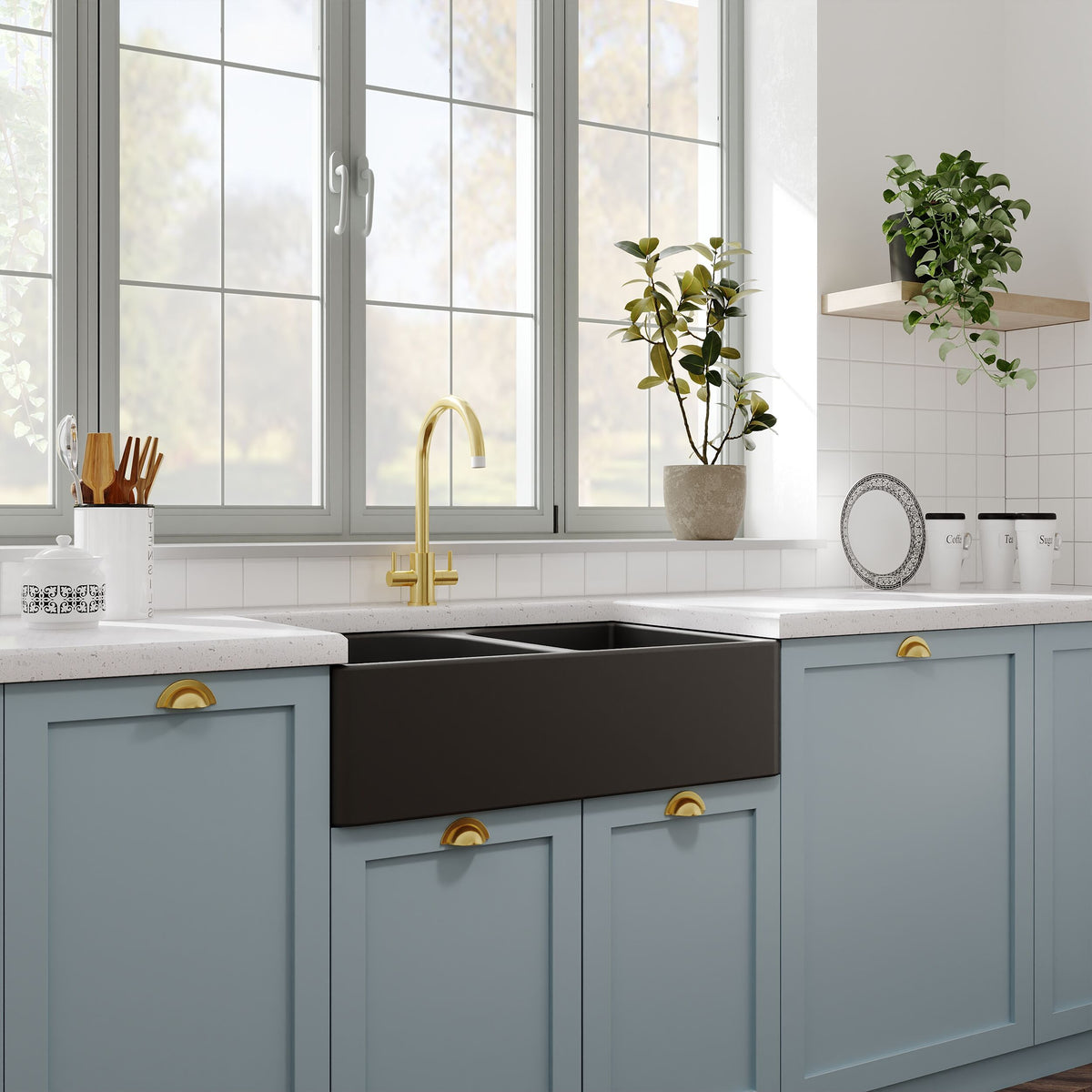 Nuie 795 x 500mm Fireclay Double Bowl Butler Sink With Full Weir and Offset Waste – Soft Black, photo 4