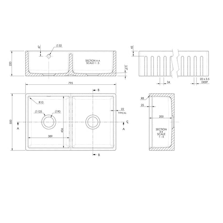Nuie 795 x 500mm Fireclay Double Bowl Fluted Butler Sink With Central Wastes And Overflow – White, photo 3