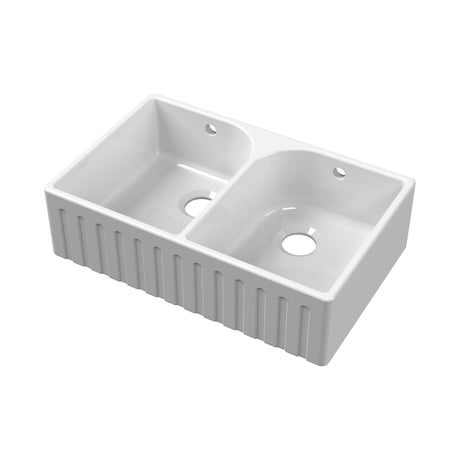 Nuie 795 x 500mm Fireclay Double Bowl Fluted Butler Sink With Full Weir, Central Wastes And Overflows – White, photo 2