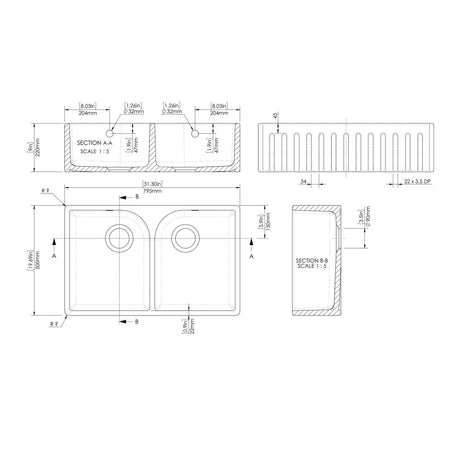 Nuie 795 x 500mm Fireclay Double Bowl Fluted Butler Sink With Full Weir, Central Wastes And Overflows – White, photo 3