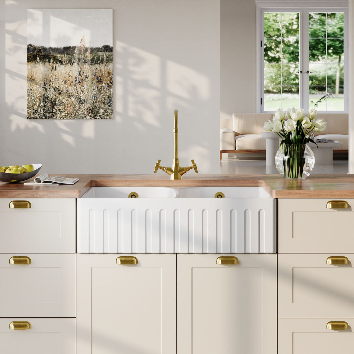 Nuie 795 x 500mm Fireclay Double Bowl Fluted Butler Sink With Full Weir, Central Wastes And Overflows – White