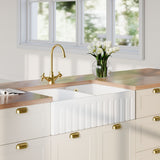 Nuie 795 x 500mm Fireclay Double Bowl Fluted Butler Sink With Full Weir, Central Wastes And Overflows – White, photo 4