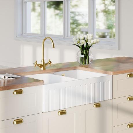 Nuie 795 x 500mm Fireclay Double Bowl Fluted Butler Sink With Full Weir, Central Wastes And Overflows – White, photo 4